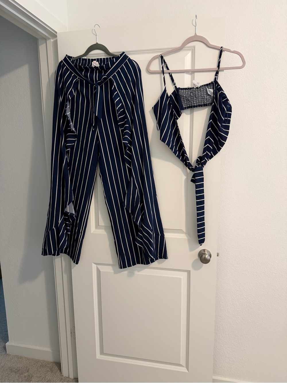 L'ATISTE Navy Blue and White Striped Two-Piece Jumpsuit Set